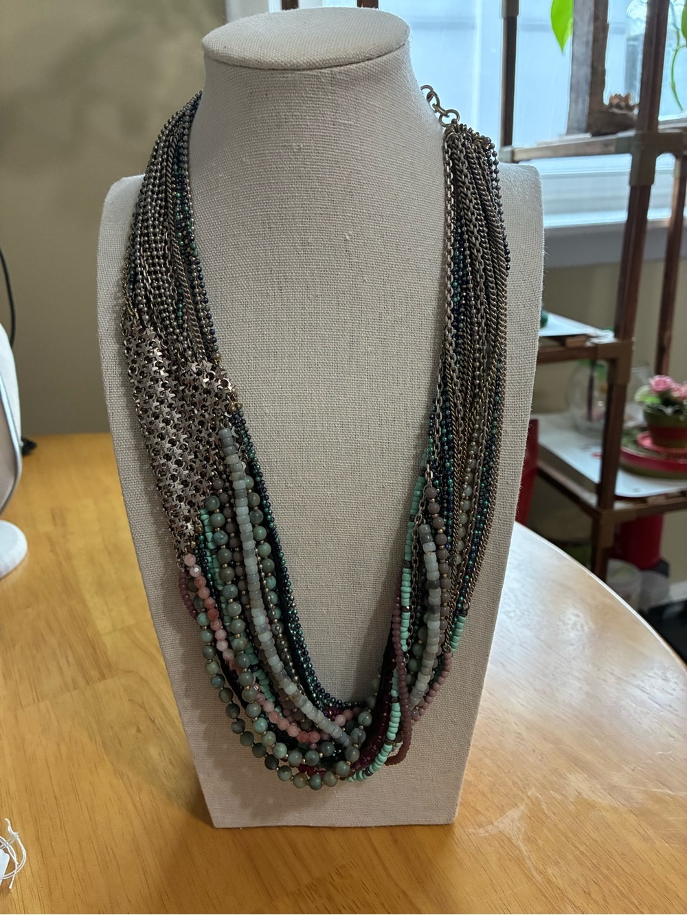 Stella & Dot Layered Beaded and Chain Necklace in Teal, Green and Pink